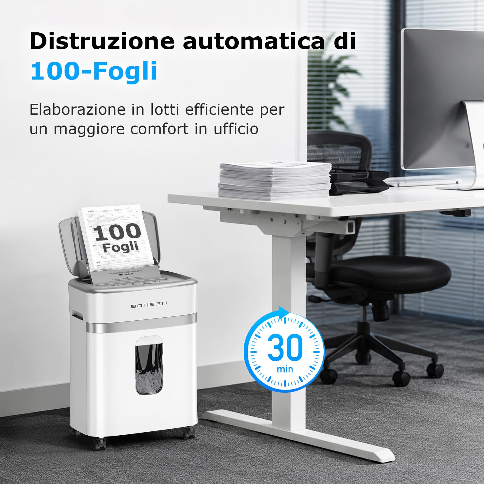 BONSEN Distruggidocumenti 100 Fogli Auto-Feed, P-4 Micro-Taglio | 30 min in continuo & silenzioso ≤60dB per casa e ufficio, S9201