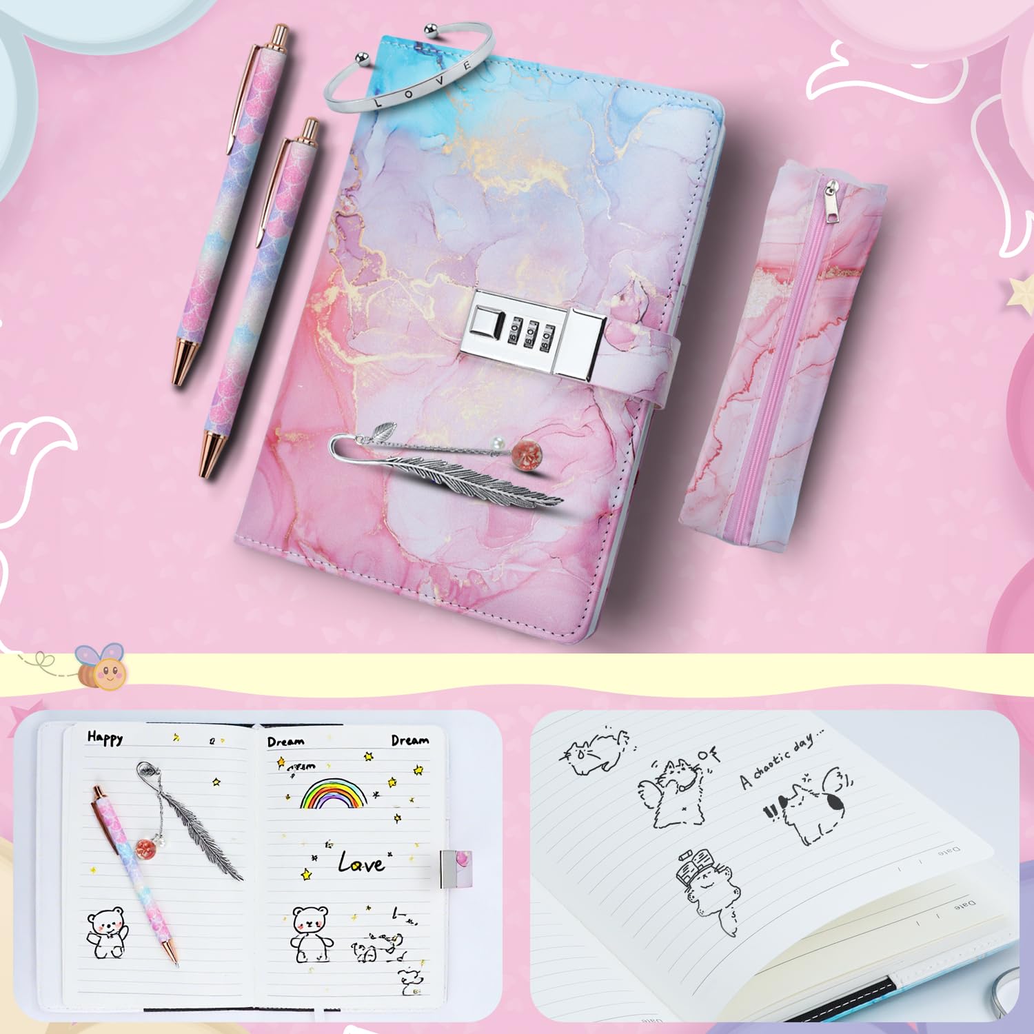 Diario Segreto con Lucchetto Ragazza, Set Diario con Serratura Bambina, Taccuino Segreto con Password, Quaderno con Serratura e Penna, Regalo di Compleanno Cancelleria per Ragazze 6-15 Anni
