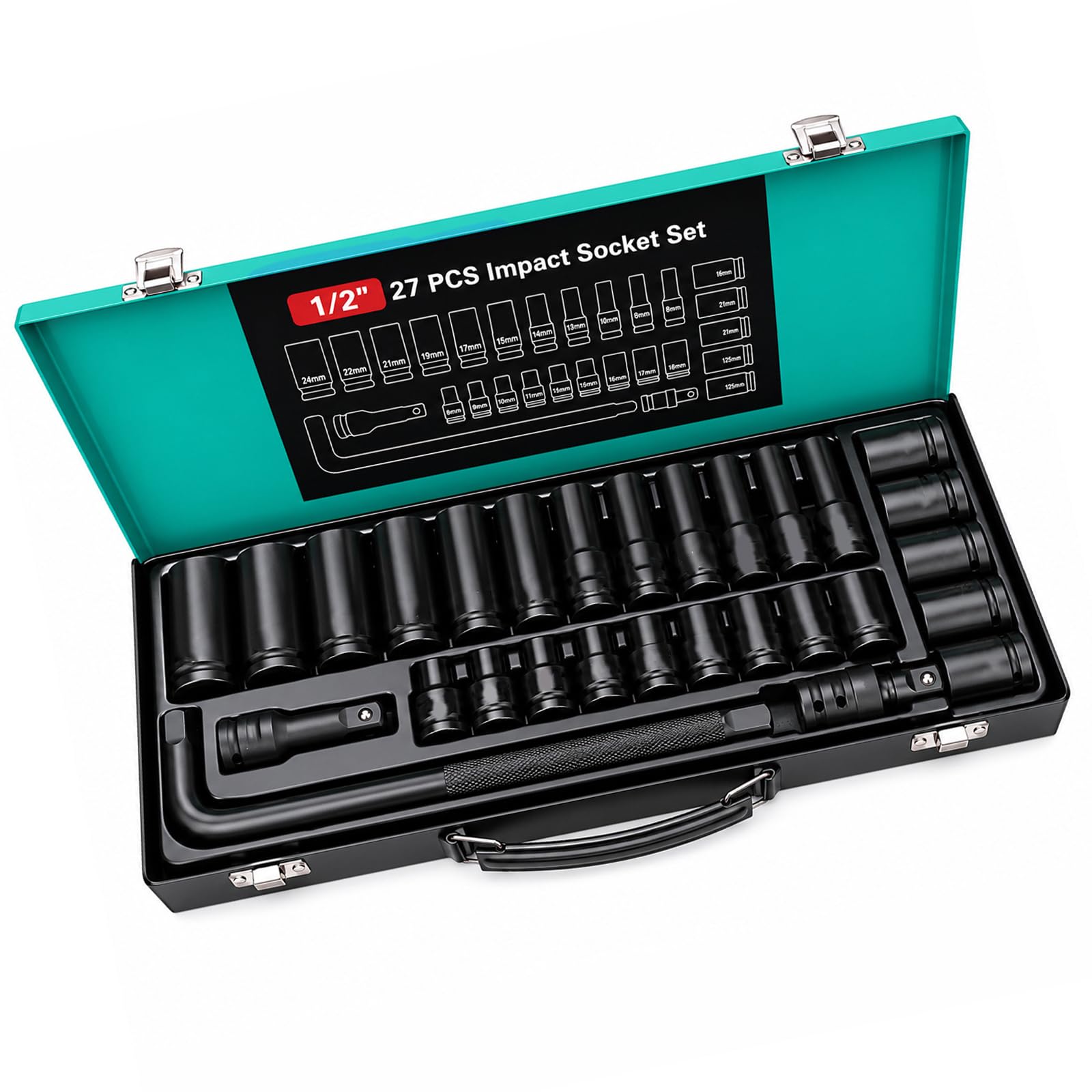 15/24 / 27 / 35Pcs Industrial 1 / 2Inch Drive Impacting Socket Set Carbon Steel Impacting Socket Set with Hard Storage Box Auto Maintenance Equipment