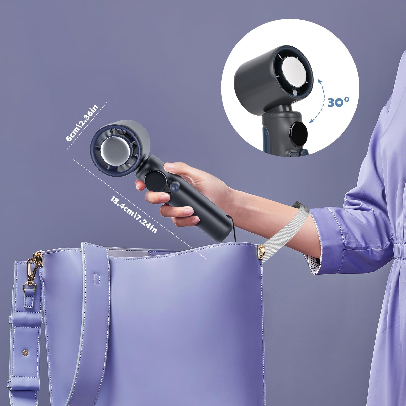 Ventilateur manuel portable avec batterie rechargeable 4000 mAh - Mini ventilateur de refroidissement - Vitesse réglable (1 à 100) - Écran numérique - Pour homme et femme - Voyage - Extérieur - Gris