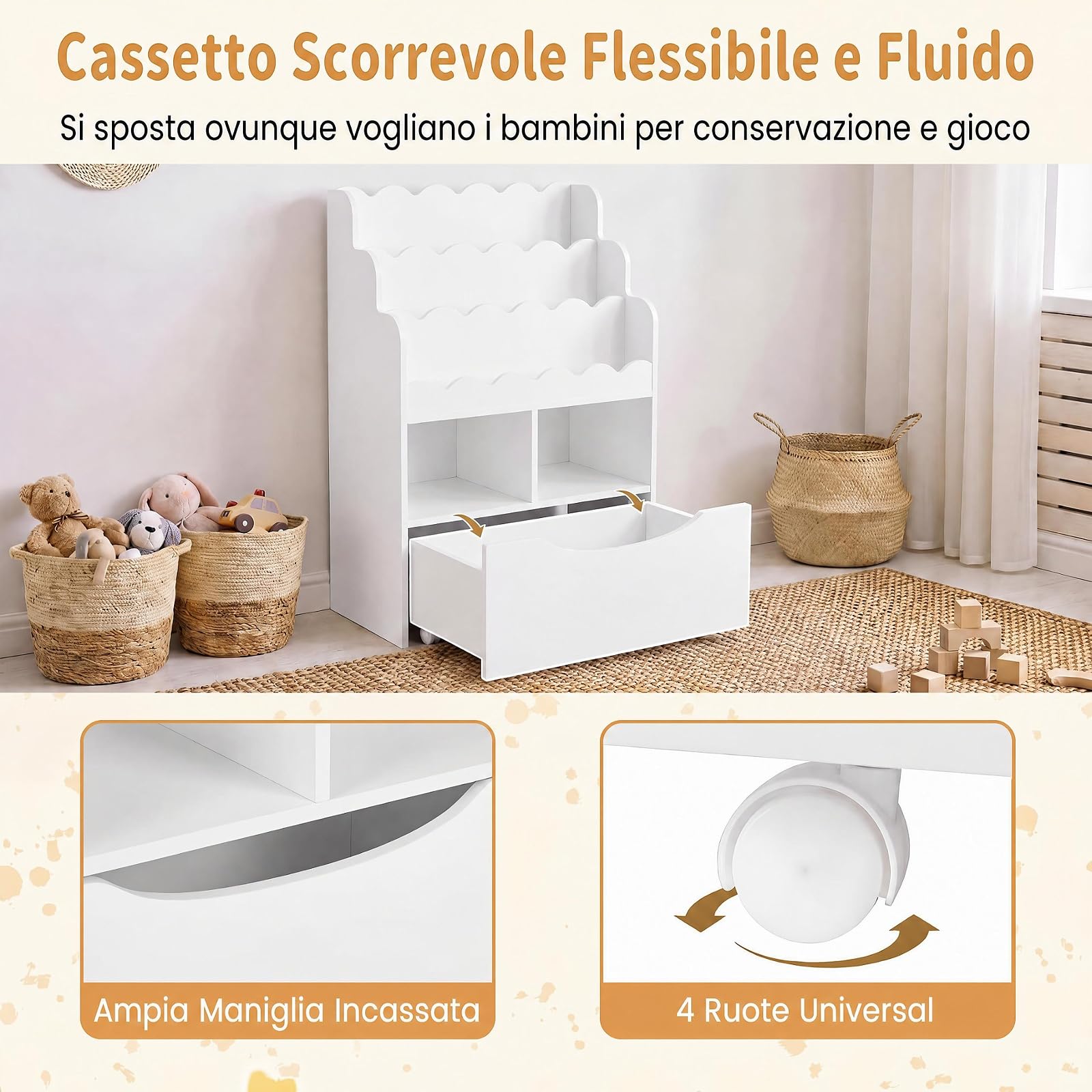 RELAX4LIFE Libreria Montessori per Bambini in Legno con Rotelle (Bianco)