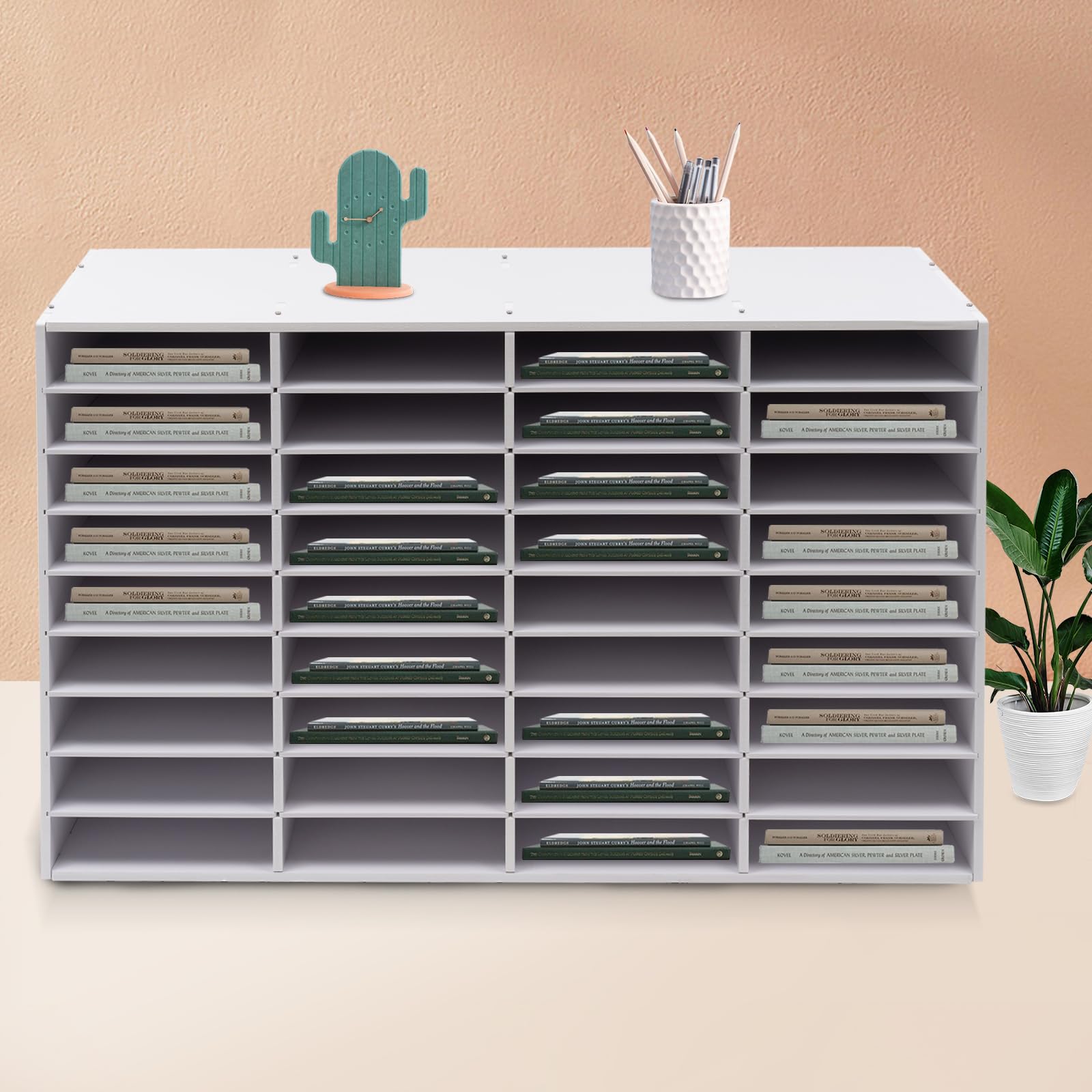 Organizer da scrivania a 36 scomparti, formato A4, per file, raccoglitori, lettere, carta, pannello in PVC, 100 x 30 x 61 cm, bianco