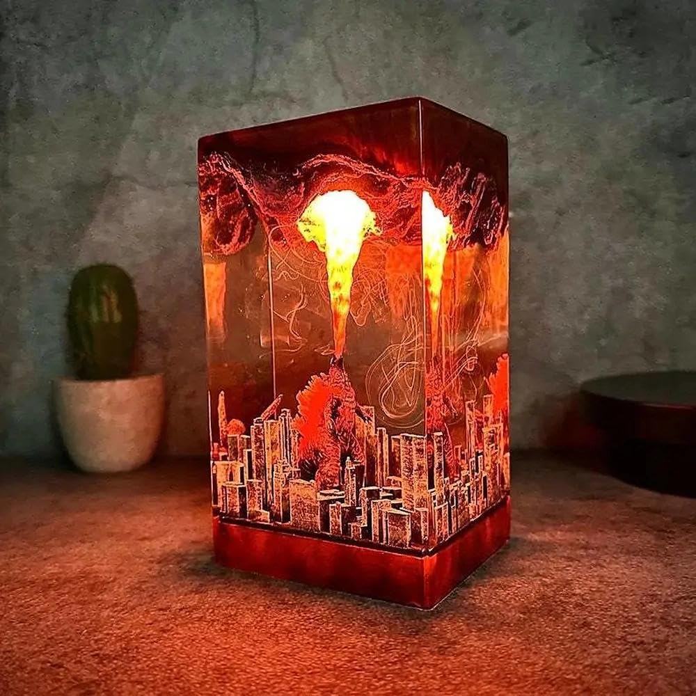 Godzilla lampka nocna z żywicy epoksydowej 3D, figurki Godzilli z żywicy z kablem USB, lampka nocna Monster z pilotem 16 kolorów, wielokolorowa lampka nocna LED, dekoracja biurka, prezent (styl