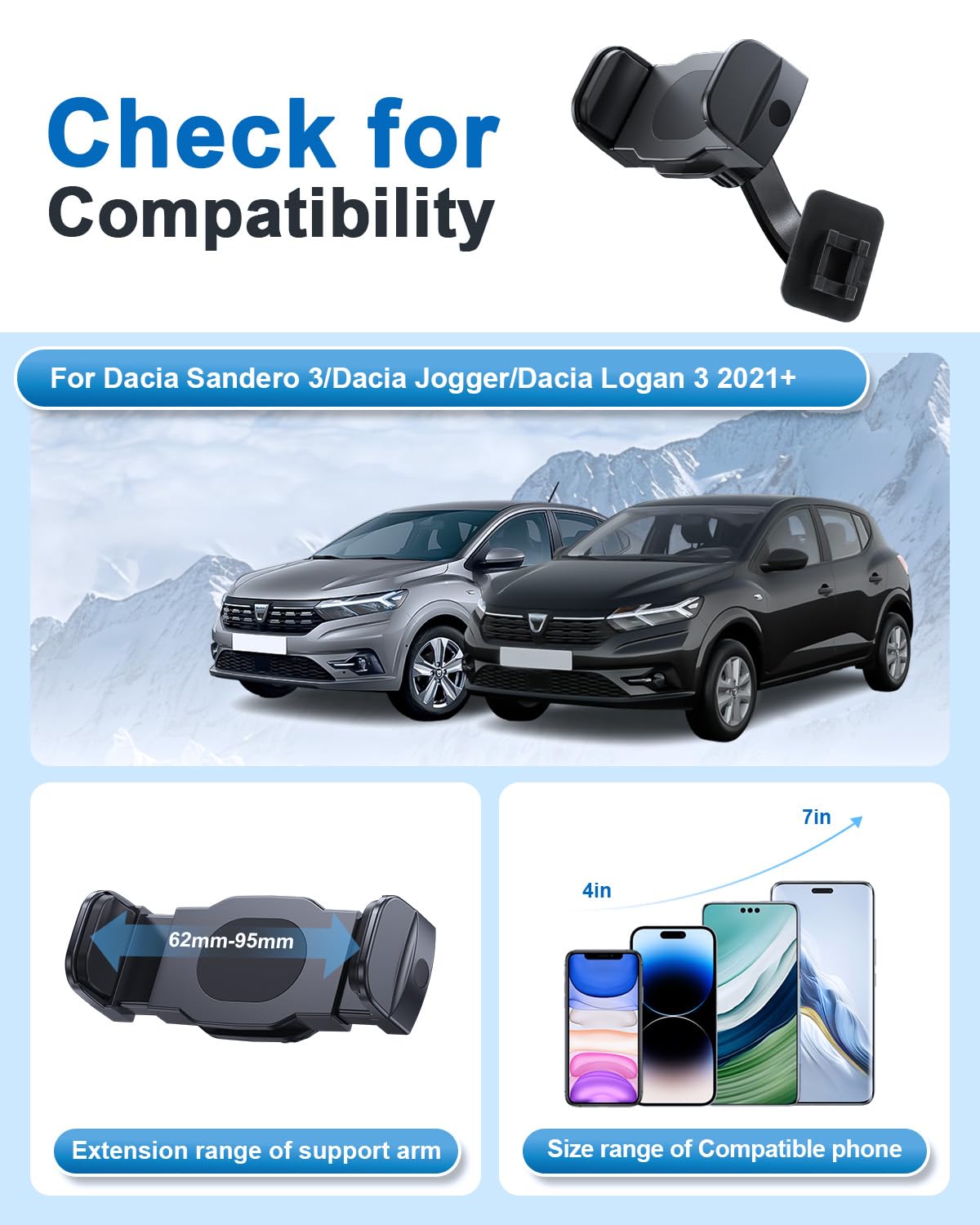 Supporto Cellulare Compatibile con Dacia Sandero 3/ Dacia Jogger/Dacia Logan 3 2021-2026, Supporto Telefono, Porta Cellulare Auto, Rotazione a 360°, per Tutti Smartphone 4"-7"