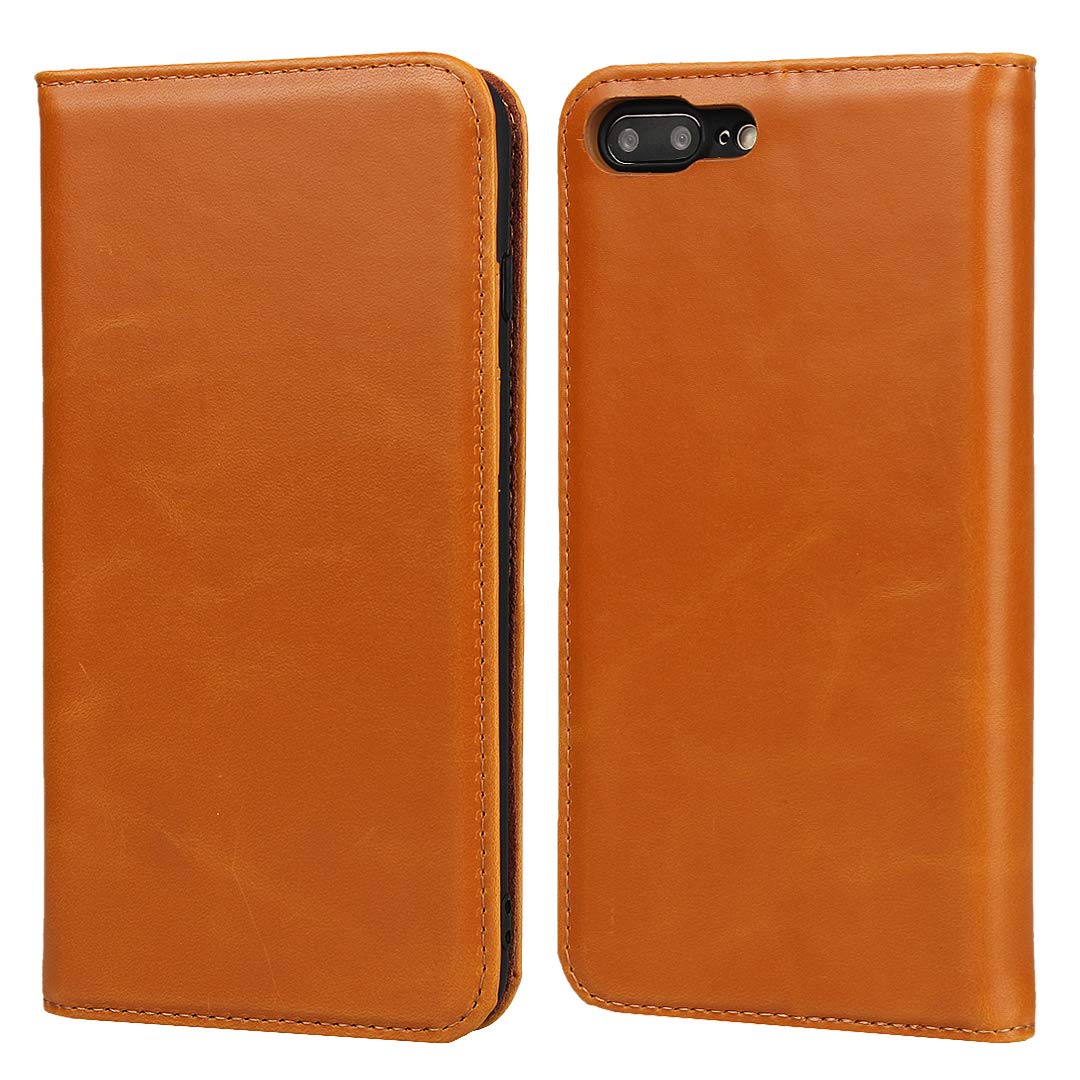 iPhone 7 Plus/8 Plus Case, iCoverCase Genuine Leather Wallet Case Cover Strong Magnetic Holster Shockproof Flip Case For Apple iPhone 7 Plus/8 Plus - Light brown