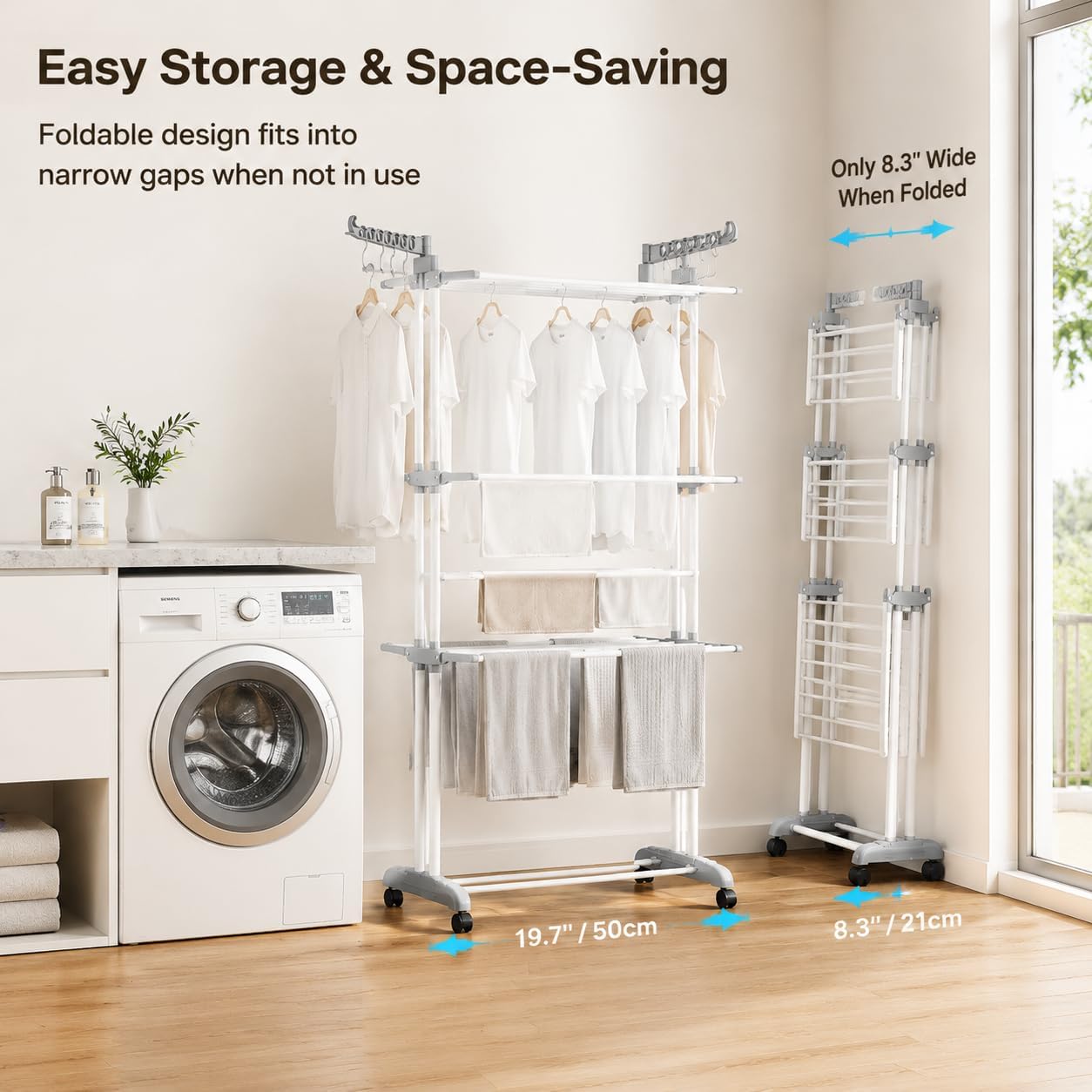 4 Tier Rolling Clothes Drying Rack, Collapsible Laundry Dryer Stand with Adjustable Height, 2 Side Wings and 4 Universal Wheels, Space Saving Clothing Drying Rack for Bedroom Balcony,Grey