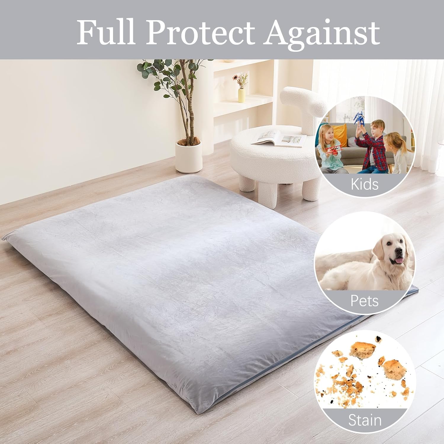 Zelladorra Futon Mattress Cover, Plush Japanese Floor Mattress Cover with Zipper, Machine Washable (Grey, Queen)