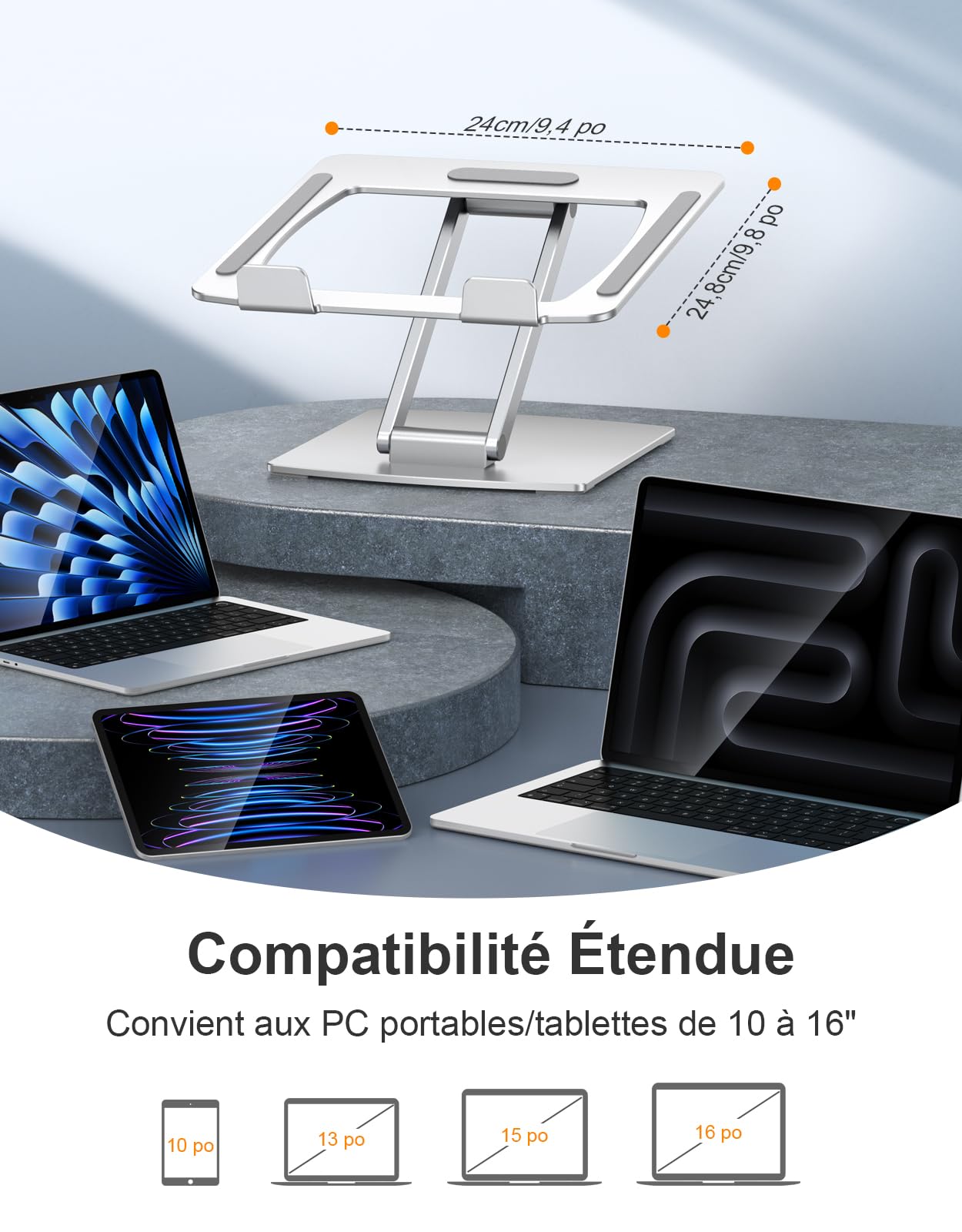 CIRYCASE Support Ordinateur Portable Ajustable, Support pour Livre/PC Portable Bureau Pliable, Laptop Stand Ventilé en Aluminium Ergonomique, Compatible avec MacBook Air/Pro et Autres 10 à 16 Pouces