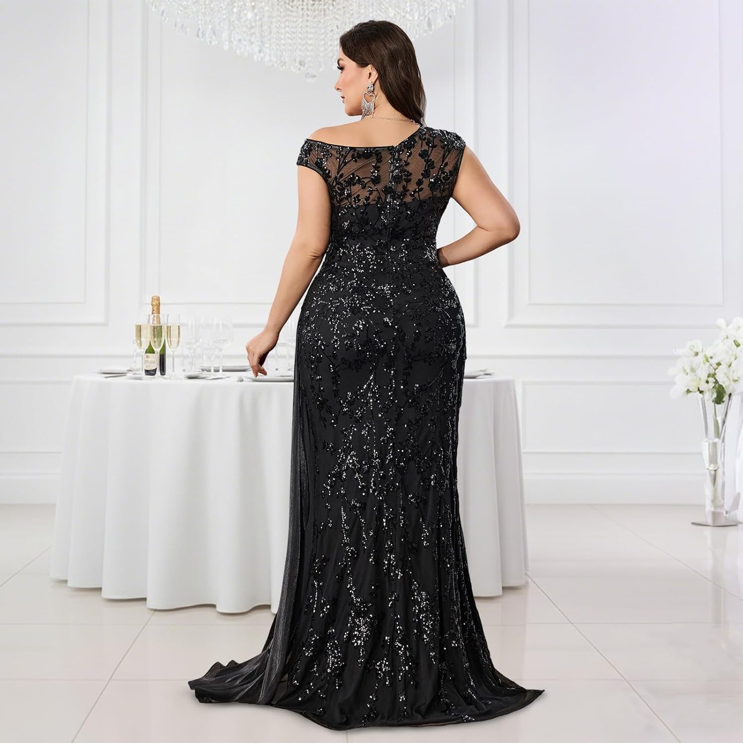 Plus Size Off-Shoulder Formal Dresses for Women, Embroidered Mermaid Dress with Lace Top & Cape Sleeves
