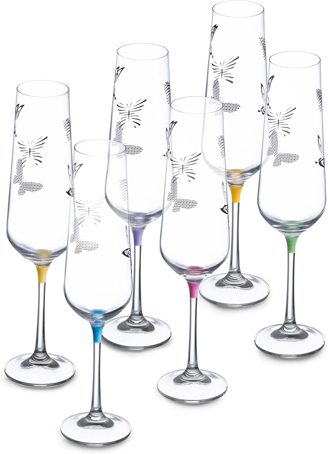 Barski Champagne - Flute - Glass - Glass Crystal - Wedding Toasting Flutes - With Butterfly Imprint - Assorted Colour Stem - Set of 6 Glasses 9 oz. - Gift Boxed - Made in Europe