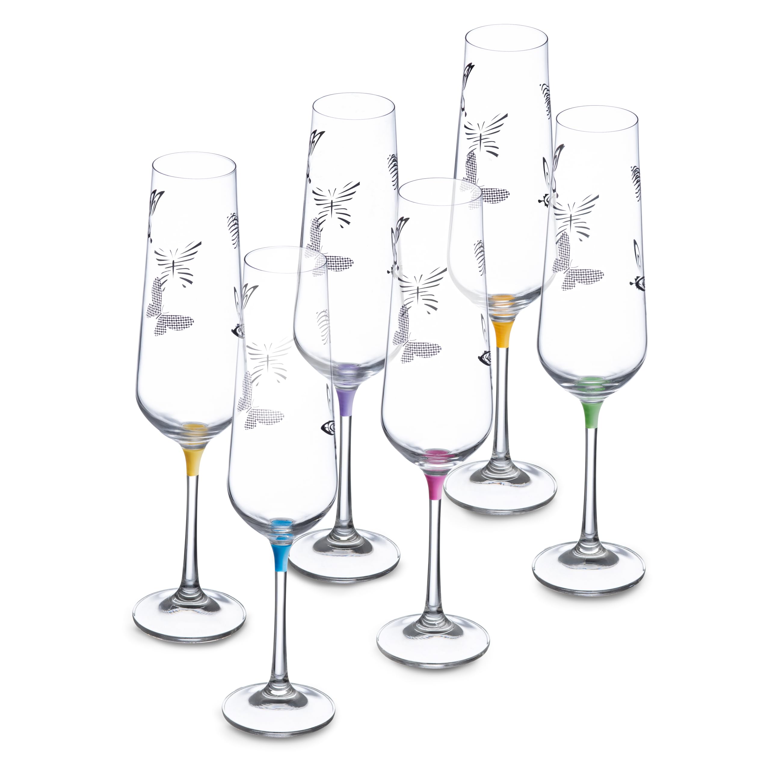 Barski Champagne - Flute - Glass - Glass Crystal - Wedding Toasting Flutes - With Butterfly Imprint - Assorted Colour Stem - Set of 6 Glasses 9 oz. -