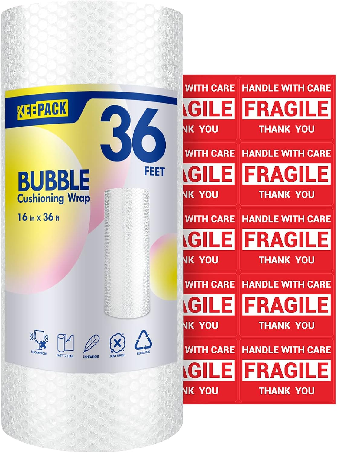 Bubble Cushioning Wrap Roll, KeePack 3/16" Air Bubble 16 Inch x 36 Feet Total, Moving Box Supplies for Packing, Included 20 Stickers for Fragile Items, Perforated Every 12" (Clear)