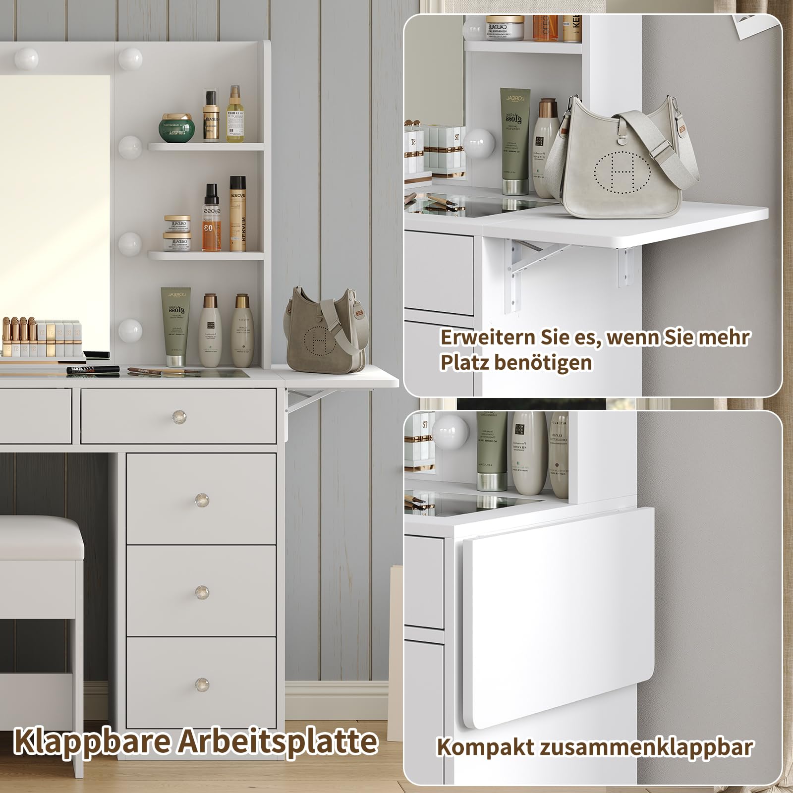 FUSOU Schminktisch Spiegel und LED Beleuchtung, Kosmetiktisch mit 9 Schubladen, 4 offenen Ablagen, Frisiertisch mit Steckdosen, Schminktisch für das Schlafzimmer, Weiß