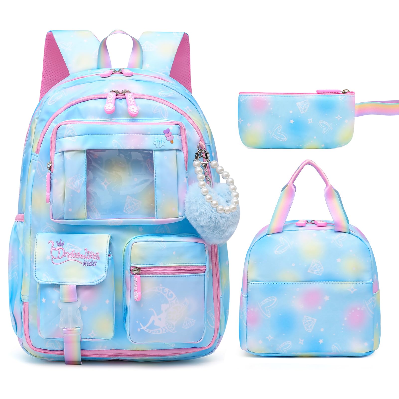 Sweet Girls Backpack - Stylish Splash-resistant School Bag with Multiple Pockets & Trendy Laptop Compartment（17inch Set Blue）