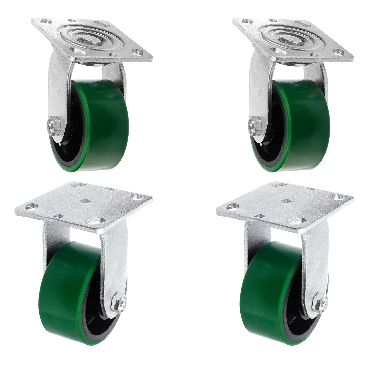 SY America 4" 4 Pack Plate Caster, Heavy Duty Polyurethane Mold on Steel Wheel w/Top Plate Caster Extra Width 2 inches, 2800 lbs Total Capacity (4 inches Pack of 4, Green, 2 Swivel + 2 Rigid)
