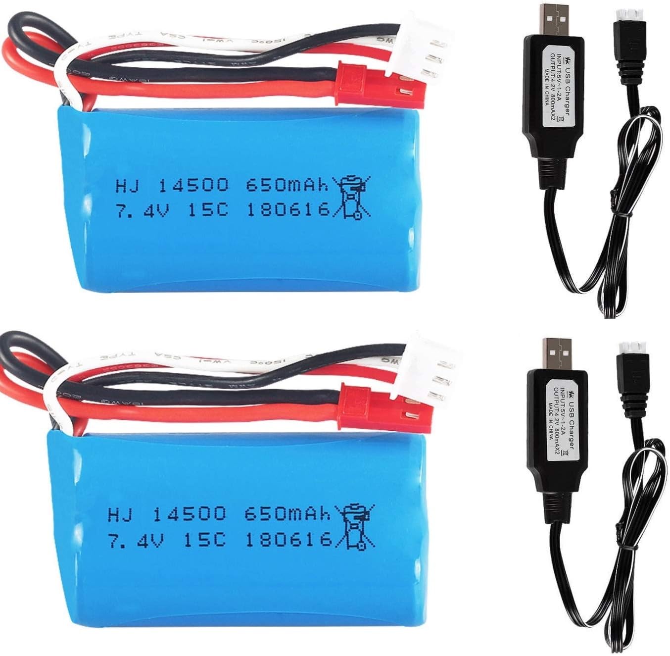 2pcs 7.4V 2S 650mAh Apply for HBX RC Car 18859E 18858 18856 JST Plug Li-ion Battery with 2 USB Charging Cable