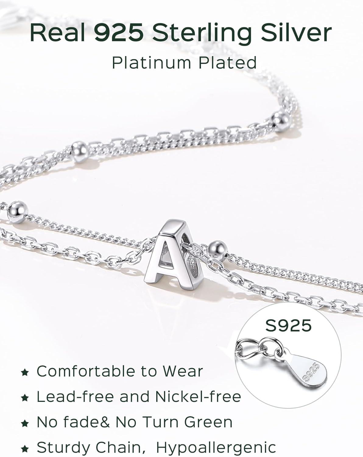 ChicSilver Ankle Bracelets for Women Waterproof, 925 Sterling Silver Initial Anklets for Women, Adjustable Dainty Layered Anklet Beach Jewelry for Women Mom Wife Friend