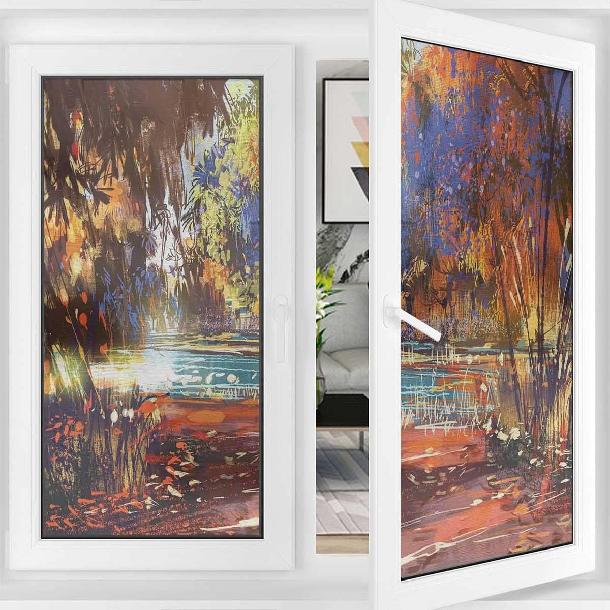Window Film Sun Blocking Painting Nature Pond Privacy Window Film Frosted Glass Film