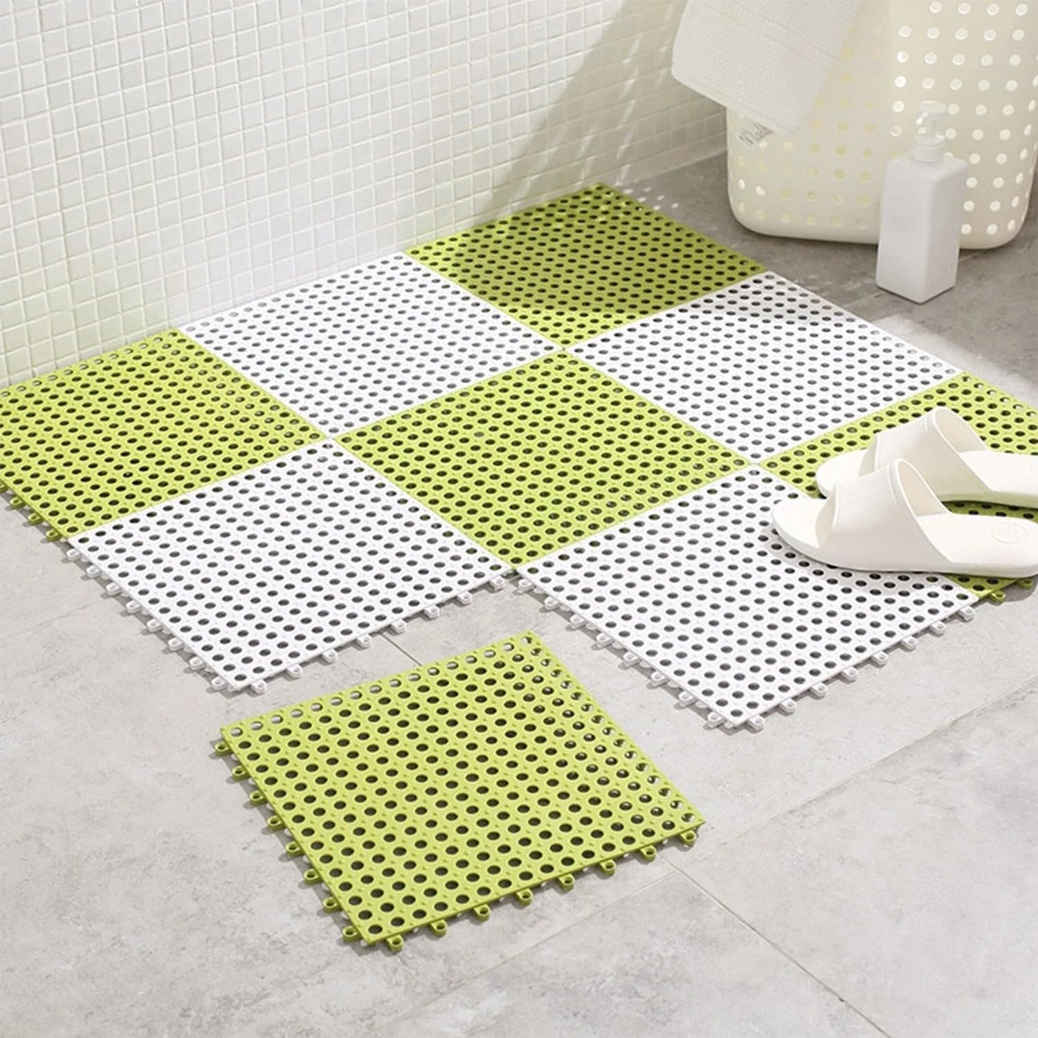 Interlocking Bath Anti-Slip Mat, Perforated Plastic Tiles for Bathroom and Toilet, Green and White, Pack of 6-image-37