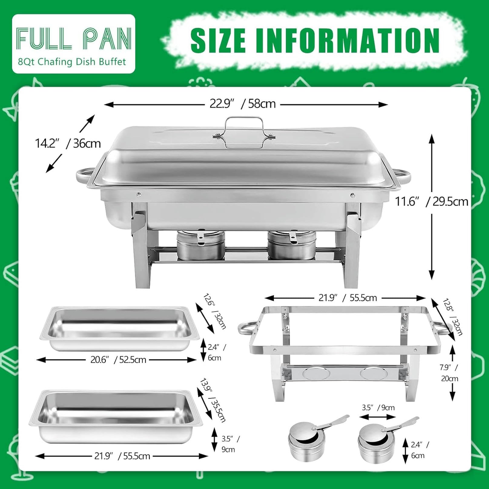 8 Pack Buffet Buffet Buffet, Acero Inoxidable Catering Food Warmer con Bandejas De Comida para El Equipo De Buffet De Boda De Fiesta (4 Paquetes 1/1 Sartén + 4 Paquetes 1/3 Sartén)