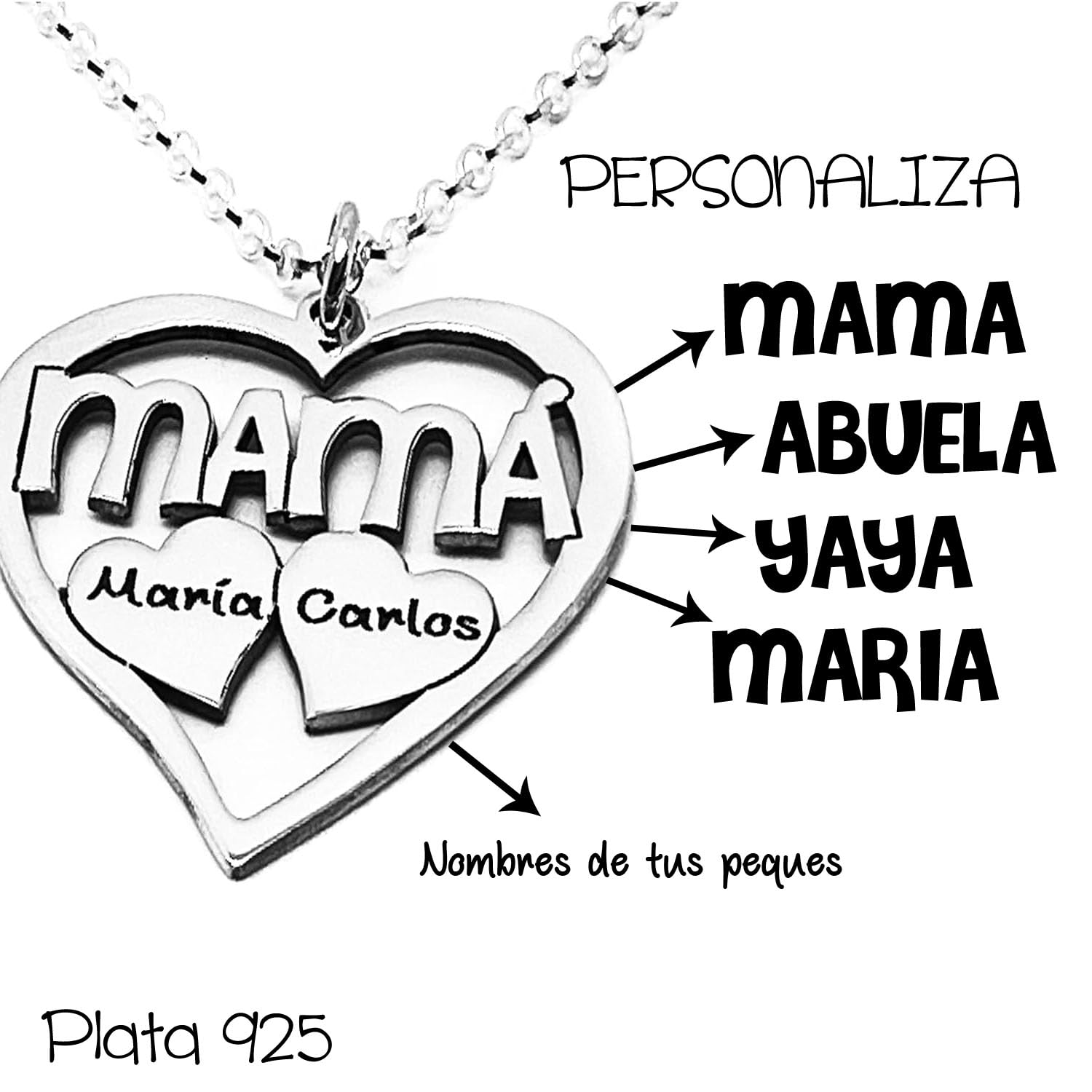 Collar Corazón para Mujer Personalizado con Nombres-Fabricado es Plata 925/1000-Regalo para Madre y Abuelas-Rincon del Artesano Malaga. Medida 25mm.