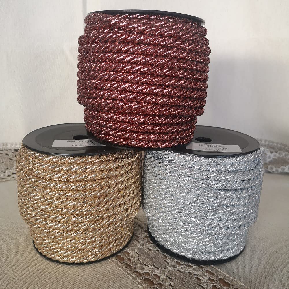 PIZZITALIANI Passamaneria Decorativa – Cordone ORO lurex, diametro 8 mm x 20 m, Made in Italy, Nastro Corda, Cordoncino Metallizzato intrecciato a 3 capi, per fai da te e decorazioni natalizie