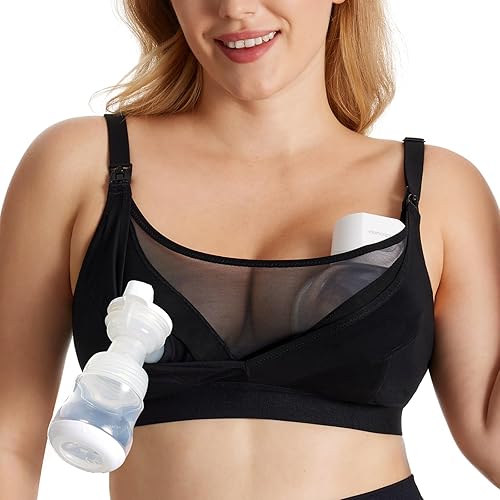 Momcozy Mesh Support Pumping Bra Hands Free Suitable for 36C-44G, Comfortable Plus Size Pumping and Nursing Bra in One - Black - X-Large