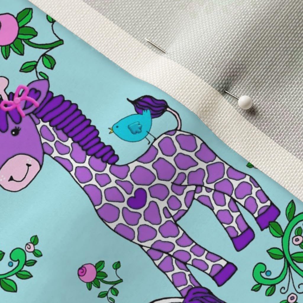Spoonflower Fabric - Giraffe Purple Teal Cartoon Girl Lavender Kids Birds Illustration Printed on Upholstery Velvet Fabric Fat Quarter - Upholstery Home Decor Bottomweight Apparel