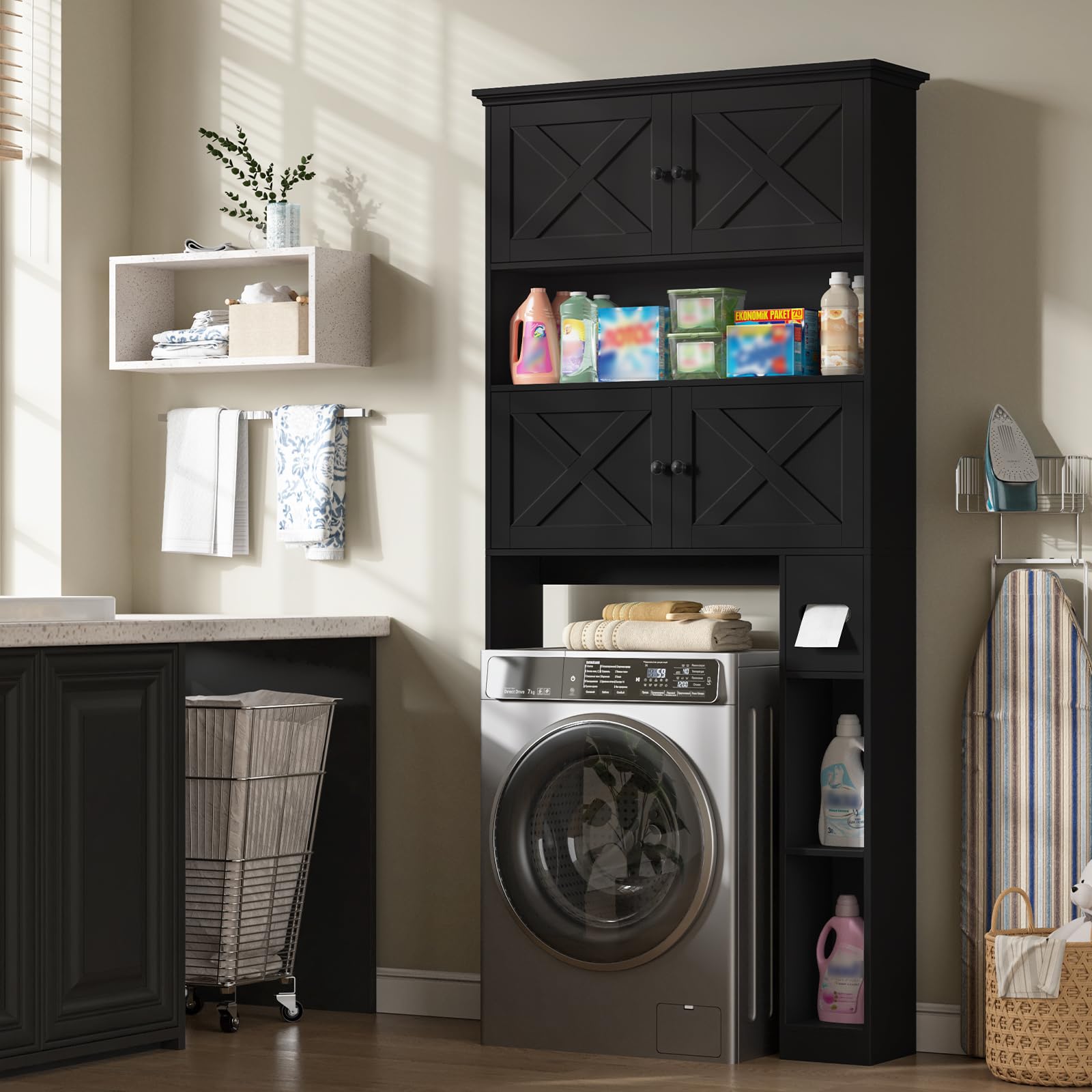 BonVache Waschmaschinenschrank Schwarz mit Türen, Waschmaschinenregal Überbau, Toilettenschrank & WC Regal, Stabiler Schrank über Waschmaschine, platzsparender Überbauschrank für Bad & Waschraum