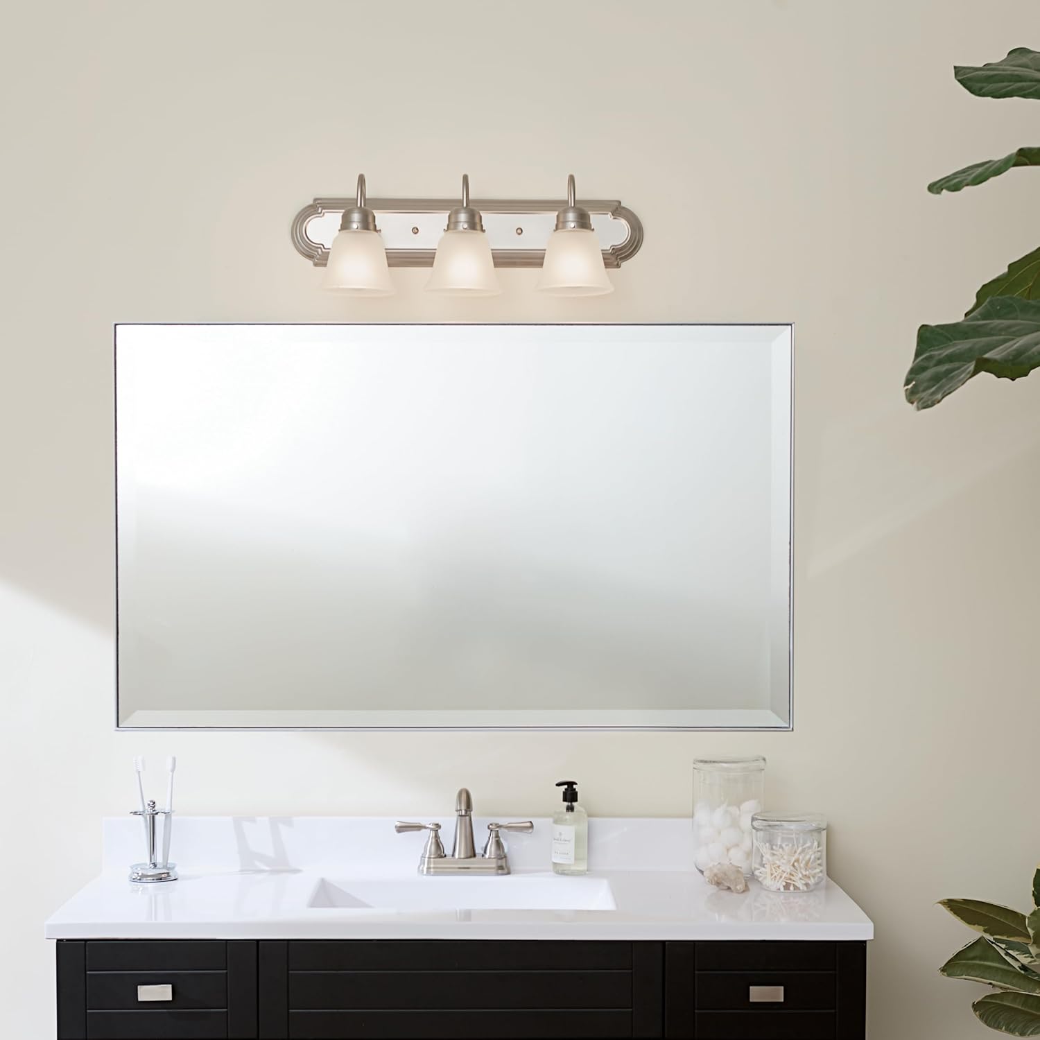 Kichler 24" 3-Light Vanity Bath Light in Brushed Nickel, Modern Bathroom Light with Clear Satin Etched Glass, (24" W x 8" H), 5337NIS