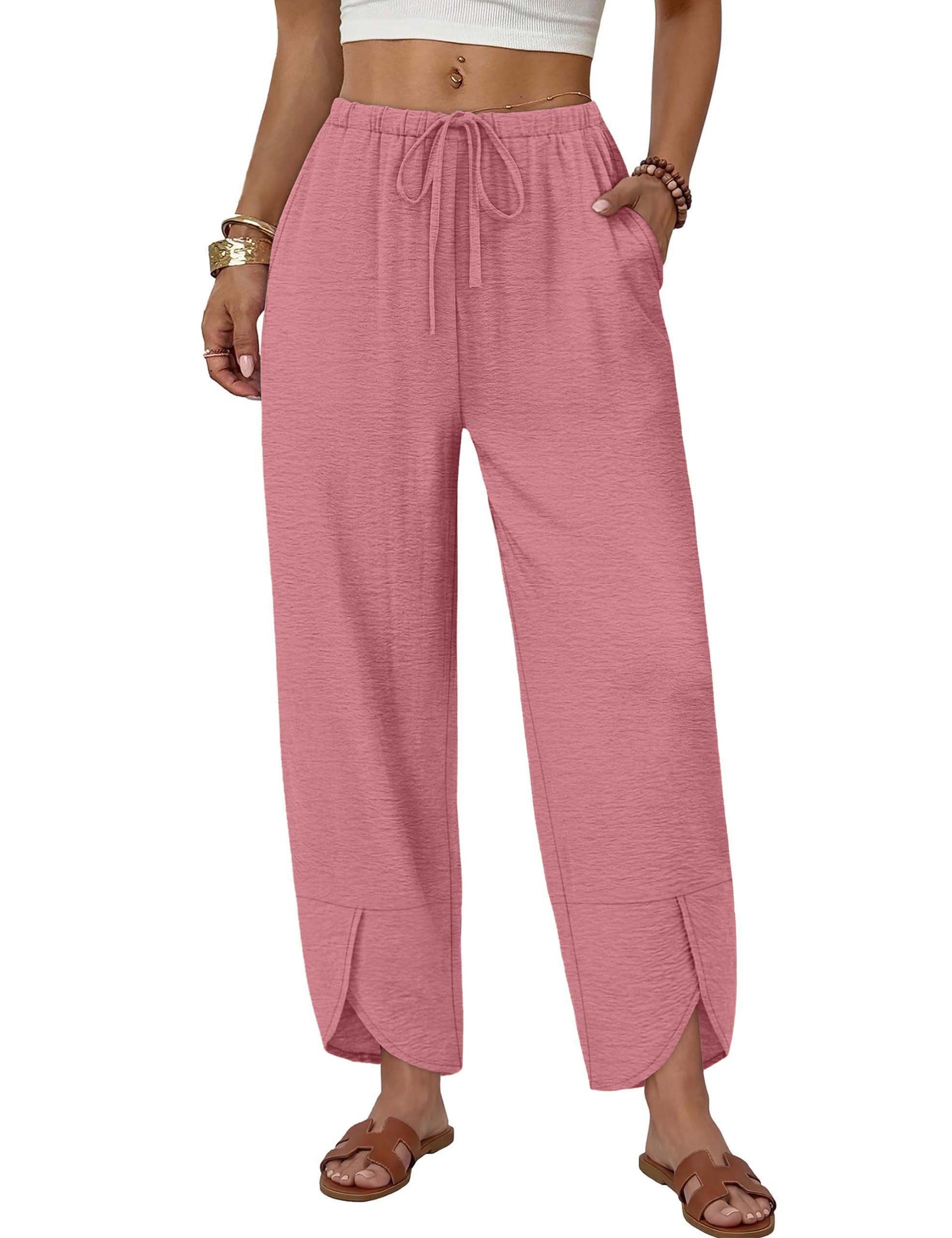 Desol Pantalon d'été léger pour femme avec jambes larges, culotte 3/4, pantalon palazzo, tenue décontractée, tenue de vacances