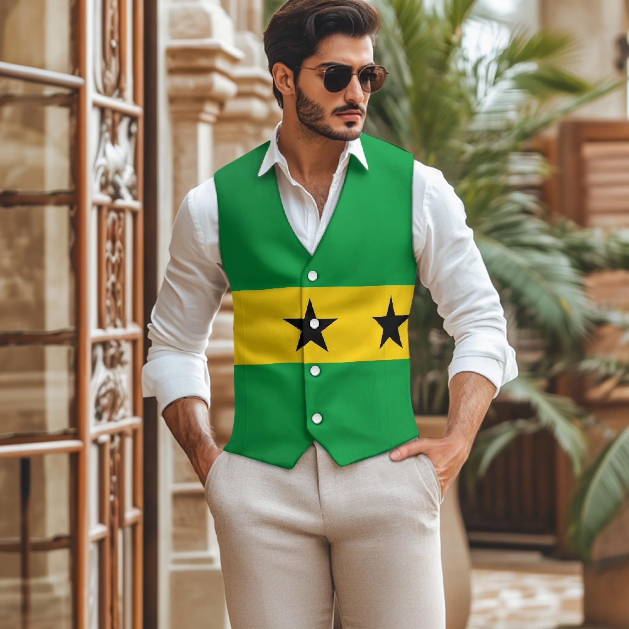 Chalecos De Traje Con Cuello En V Para Hombre Formal De Corte Entallado Chaleca De Vestir De Negocios Chaleco Clásico De Esmoquin Con Estampado De La Bandera De Santo Tomé Y Príncipe Para Fiesta