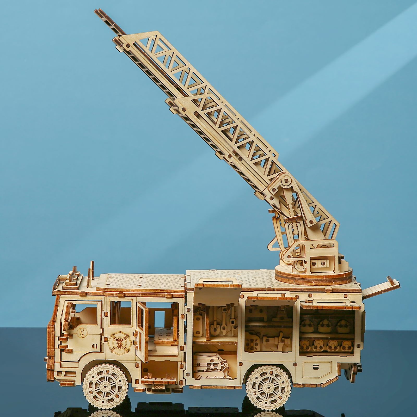 Puzzle 3D en bois pour adultes - Kit de modèle mécanique de camion de pompiers, camion échelle avec perche extensible, kit de loisirs créatifs pour décoration d'intérieur, cadeau pour homme
