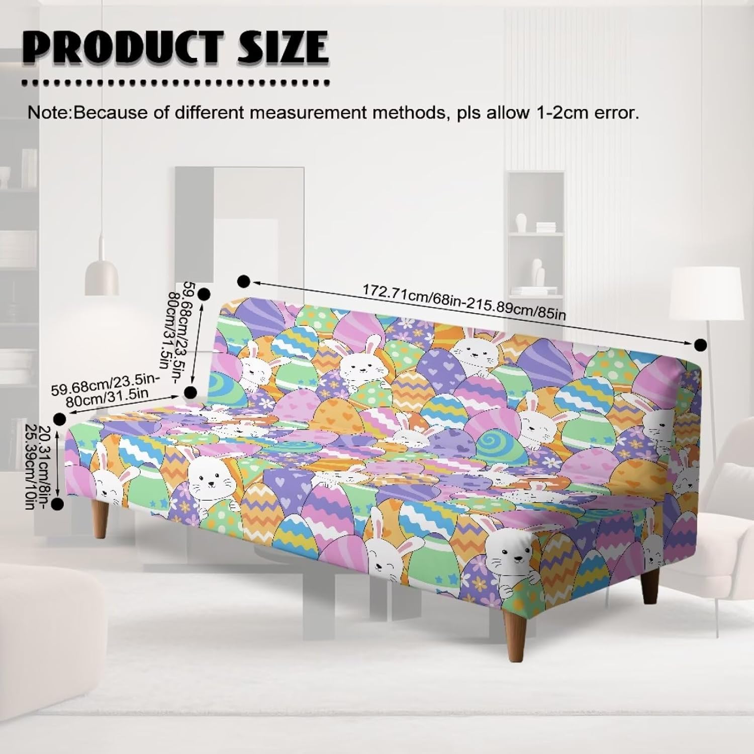 Armless Sofa Cover Futon Slipcover Easter Bunny Stretch Elastic Folding Couch Bed Covers Non-Armrest Couch Furniture Protector Printed Washable Sofa Cover Without Armrests