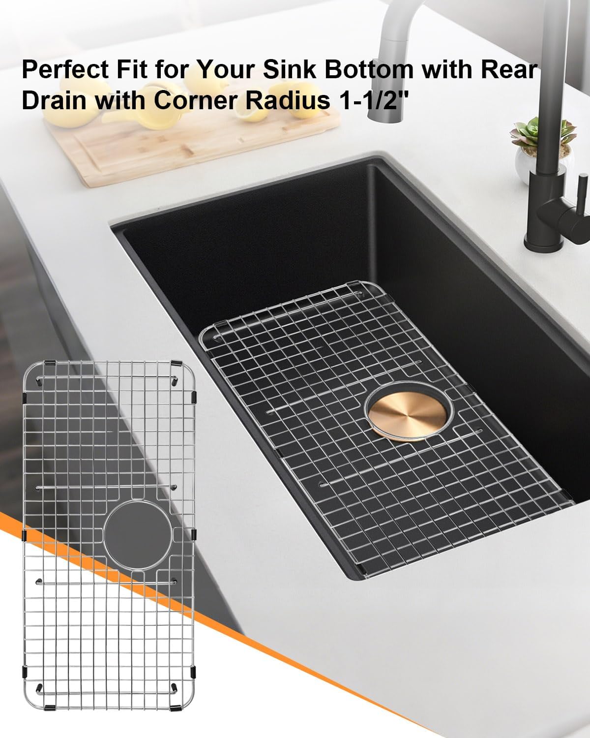 25-1/4" X 12-1/2" Sink Bottom Grid with Sink Protector, Rear Drain with Corner Radius 1-1/2"