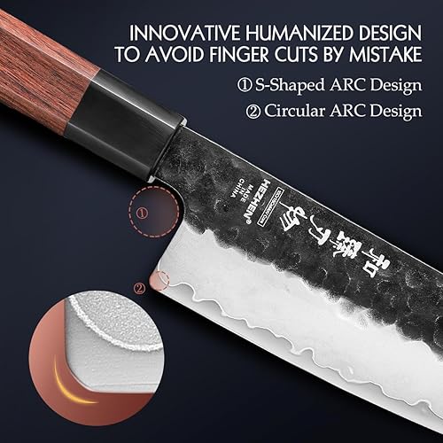Miniatura 6 de HEZHEN Juego de cuchillos de cocina 4 piezas, cuchillo de chef de acero revestido Nakiri forjado Santoku, mango octogonal de madera