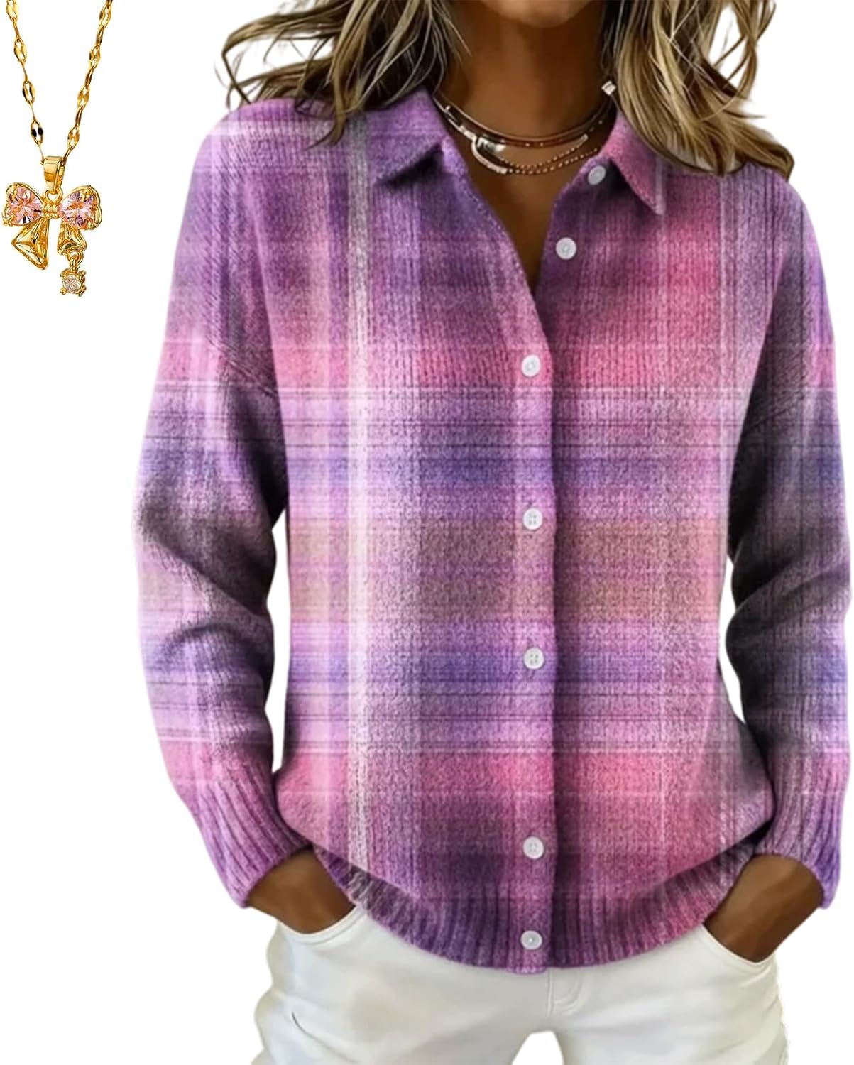 Women's Plaid Print Casual Cotton Buttoned Cardigan Sweater, Featuring Shirt Collar and Versatile Over-Hip Length