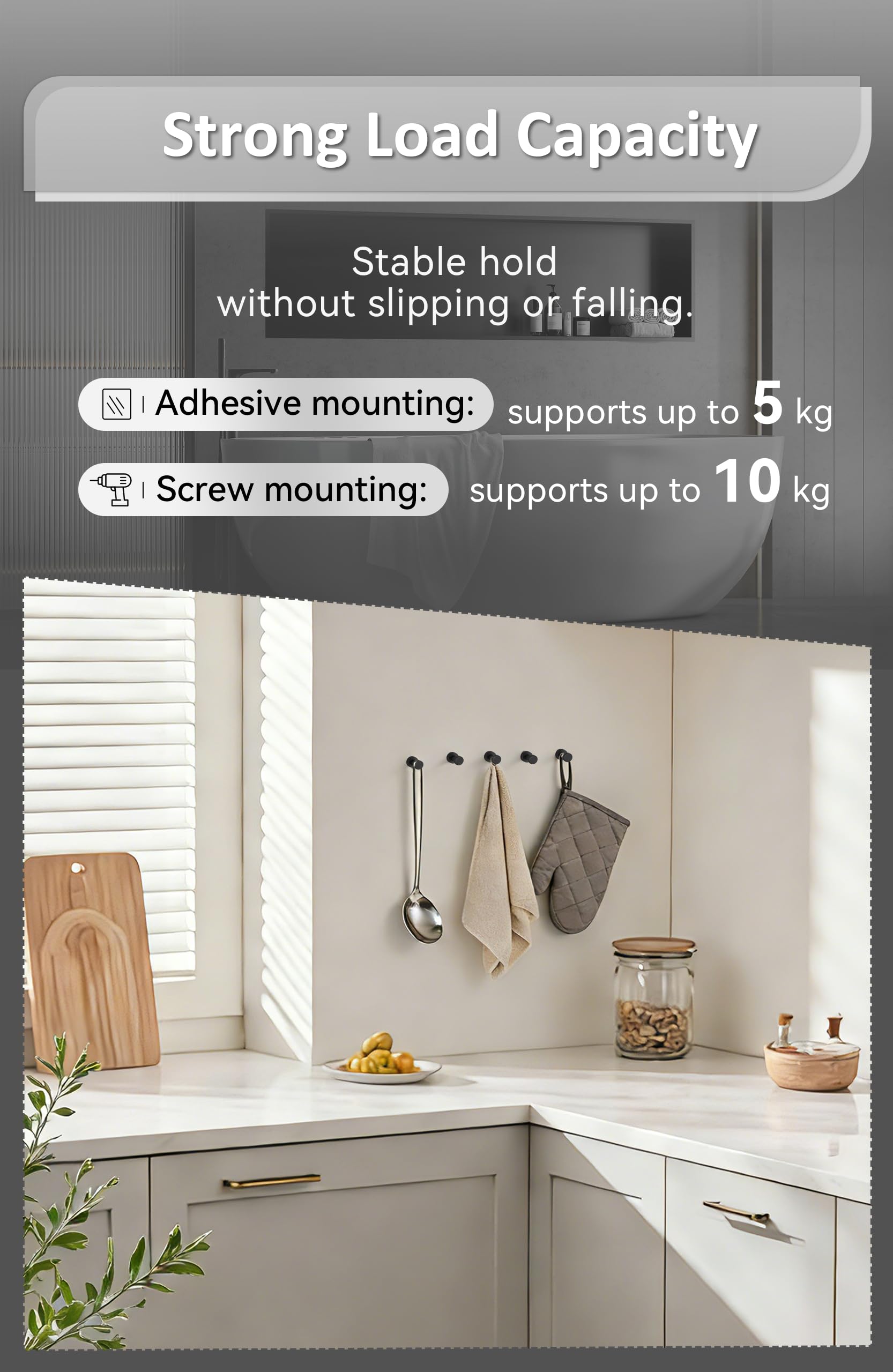 BGL Ganchos para abrigos montados en la pared, ganchos adhesivos resistentes, ganchos de pared negros, gancho para toallas para baño, cocina, puerta, armario, armario, latón, 5 paquetes