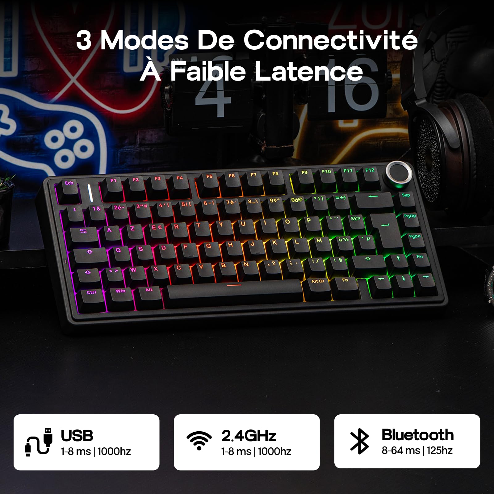 MechLands Aula F75 75% Clavier de Gaming Mécanique, AZERTY Français, Rétroéclairage RGB, Clavier de Jeu sans Fil BT5.0/USB-C/2,4 GHz, Crémeux, Molette, Reaper Switches pour Win/Mac (Noir)