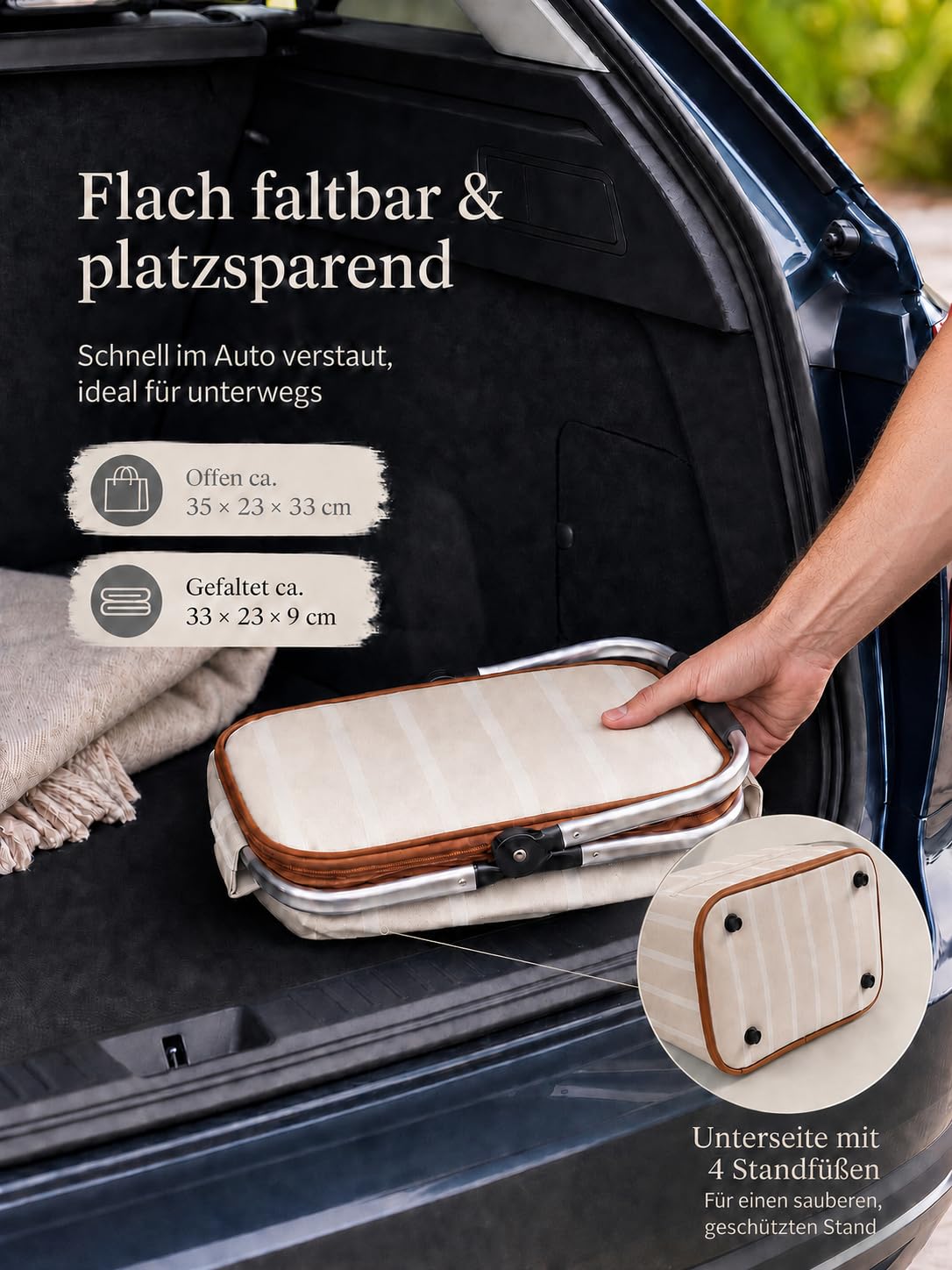 Kühltasche Einkaufskorb Kühlkorb 20L Faltbar Isoliert Thermo mit Deckel Reißverschluss Abnehmbarer Picknickkorb Aluminiumrahmen Thermokorb Schultergurt verstärkt für Einkauf Picknick Beige