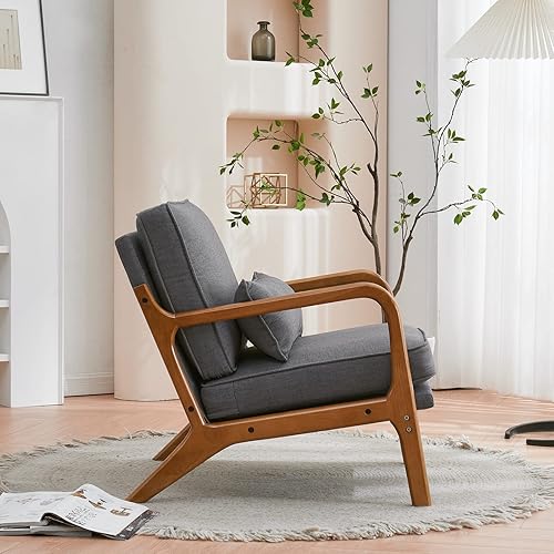 Miniatura 4 de Karl home Silla de acento moderna de mediados de siglo con cojín, tapizada en tela de lino, silla de salón con brazo, estructura sólida de madera y