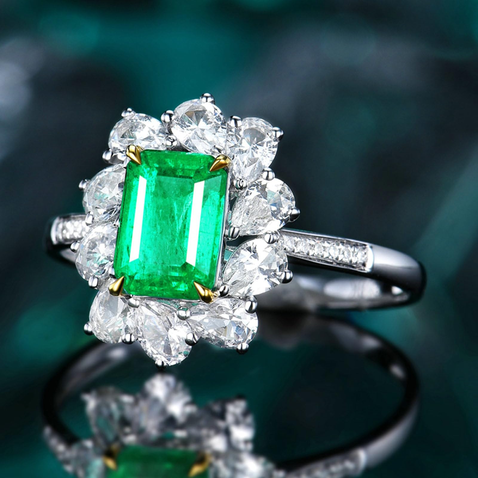 Anello di fidanzamento o matrimonio, in oro bianco 750, 585, 375, con fiore con smeraldo da 1 carato e moissanite, misura 47 (15,0-65) (20,7)