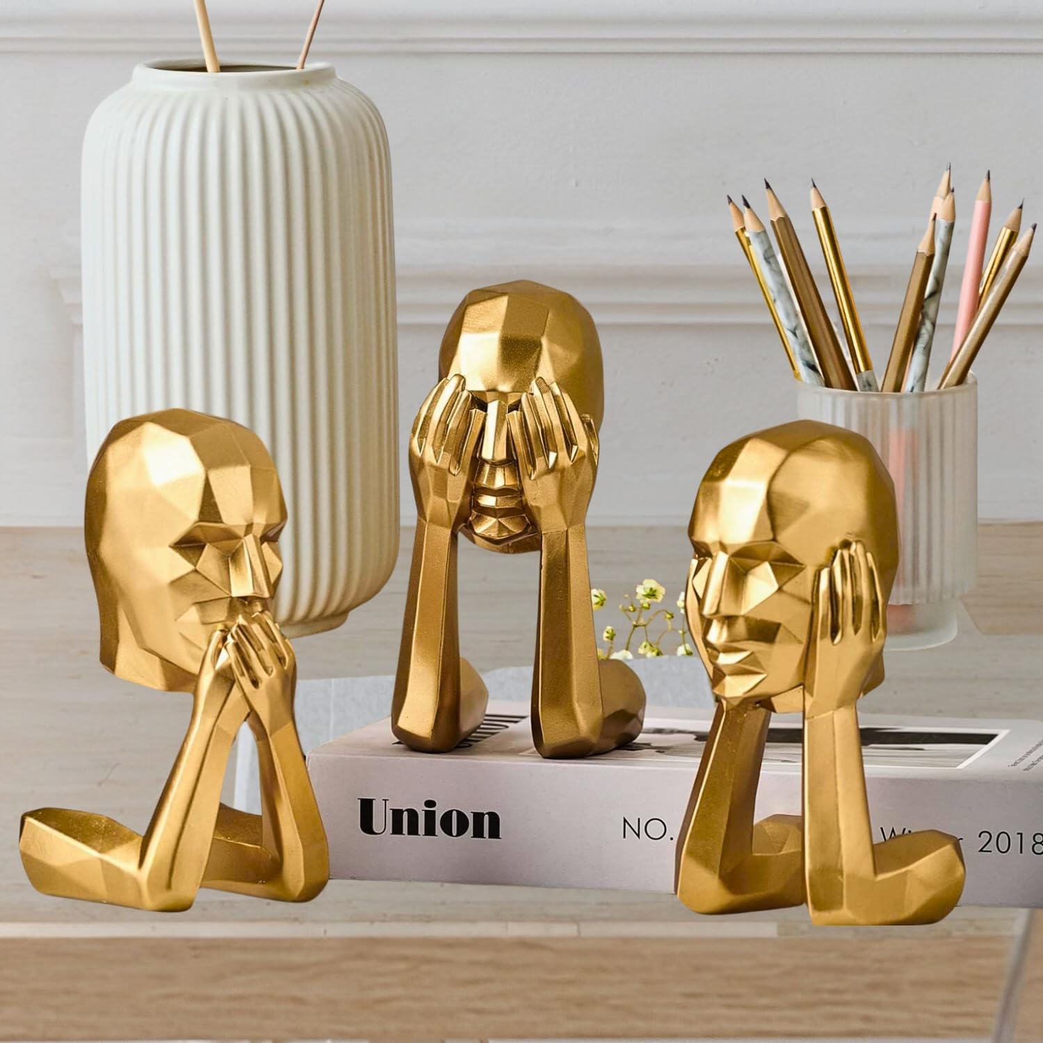 Emirates Gold Decor Thinker Statue Abstract Art Sculpture - Set of 3 Gold Resin Statues for Bedroom, Home, Office, Desk, Desktop, Living Room - Hear No Evil See No Evil Speak No Evil