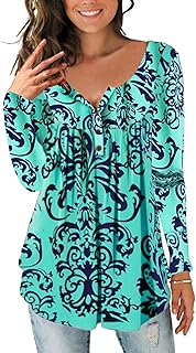 Women's Paisley Printed Button Top Long Sleeve V Neck Pleated Casual Flare Tunic Loose Blouse Shirt