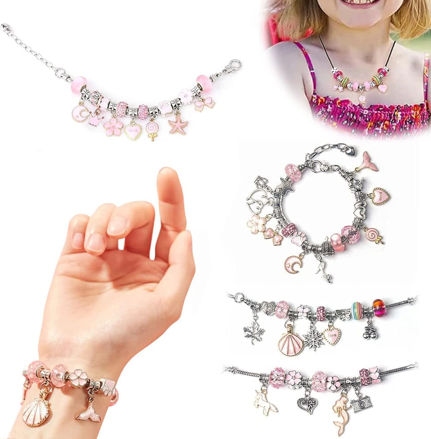 Sitengle アクセサリーキット ブレスレット作り 66点セット おしゃれ チャーム ビーズ遊び 誕生日 クリスマス プレゼント(ピンク)