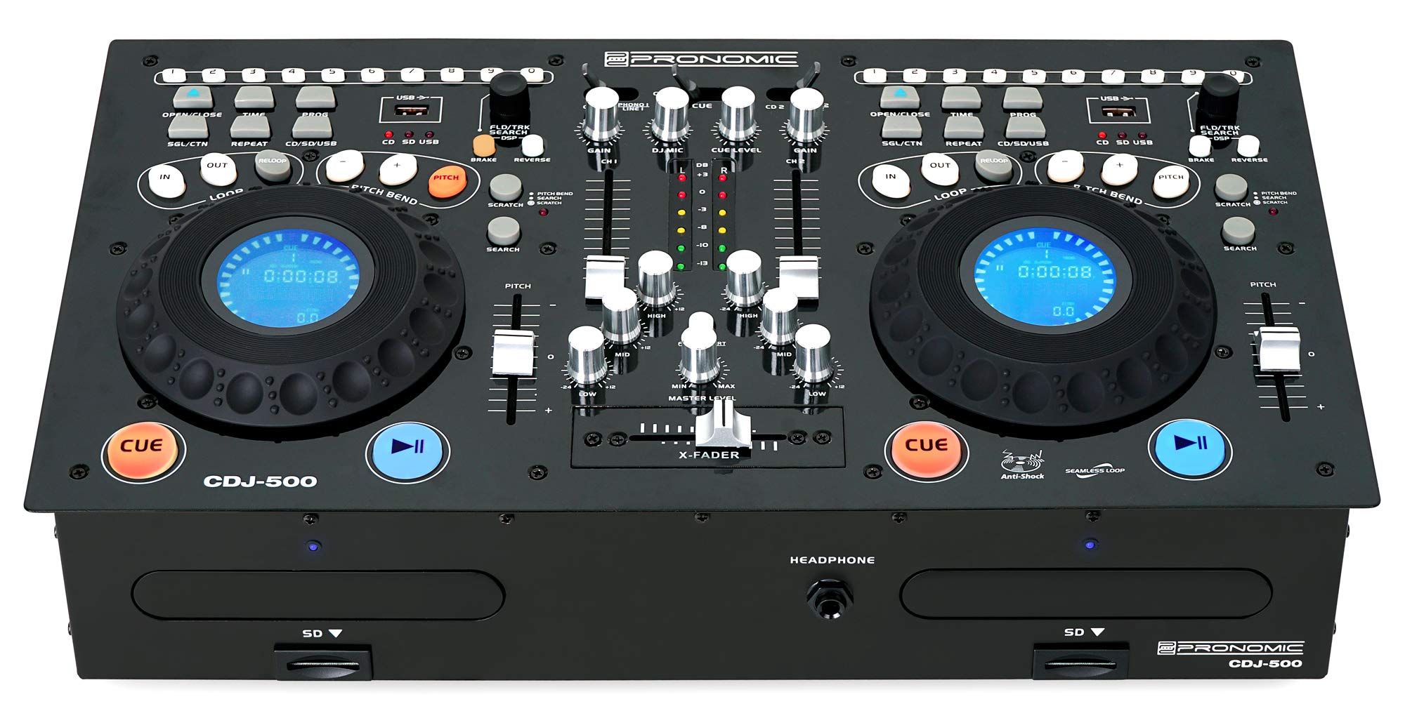 Pronomic CDJ-500 Estación completa doble para DJ, con reproductor de CD (formato autónomo, entradas para teléfono/línea, CD, MP3 CD, SD y USB, crossfader)