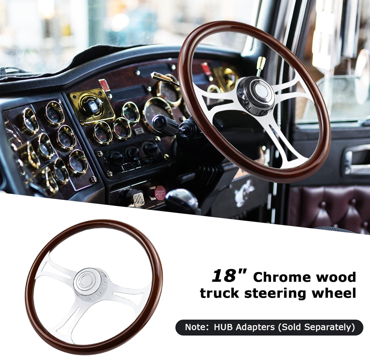 18" Solid Wood Truck Steering Wheel 3 Spoke Aluminum with Long Hole Chrome Plated Steering Wheel for Semi-Trailers,Trucks for Kenworth,Peterbilt,Volvo, Freightliner