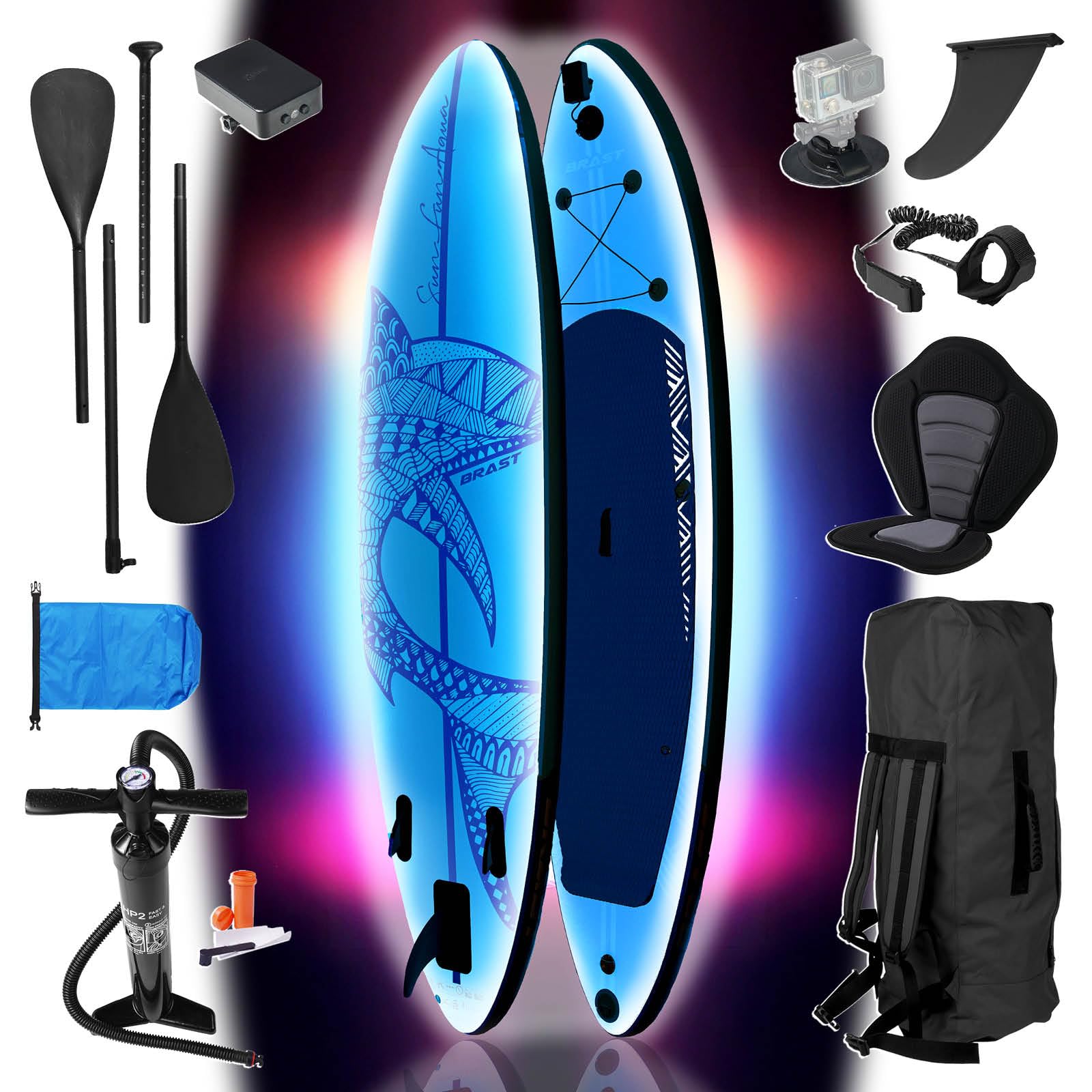 BRAST SUP Board mit LEDs zur Nachtaktivität | Aufblasbares Stand up Paddling Set für Outdoor-Enthusiasten | 320x81x15cm 