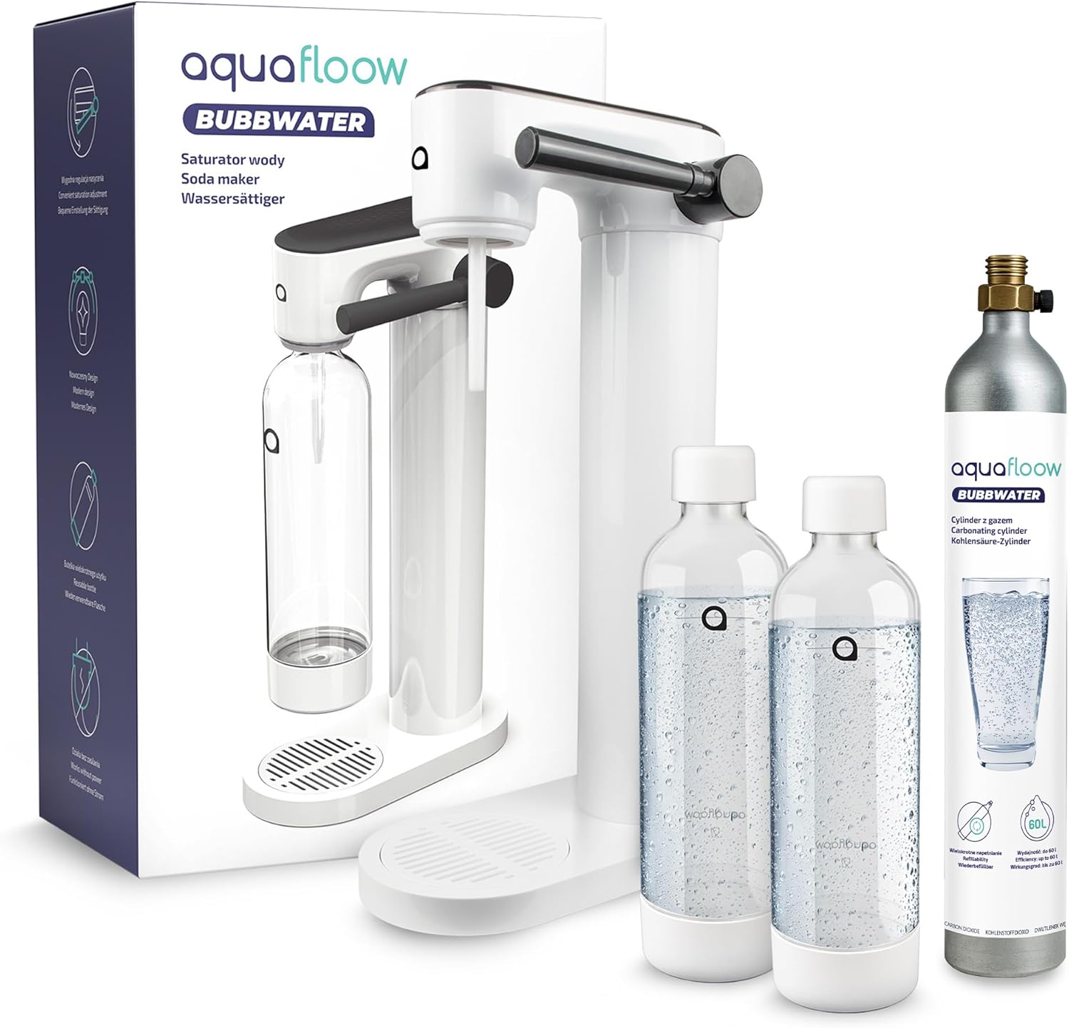AquaFloow Carbonatador de Agua con 2 Botellas de 0,8L y Cilindro CO2 de 60L | Máquina para Hacer Soda sin Electricidad | Sparkling Water Maker con Botellas Reutilizables – Blanco - Amazon product rated Grade B