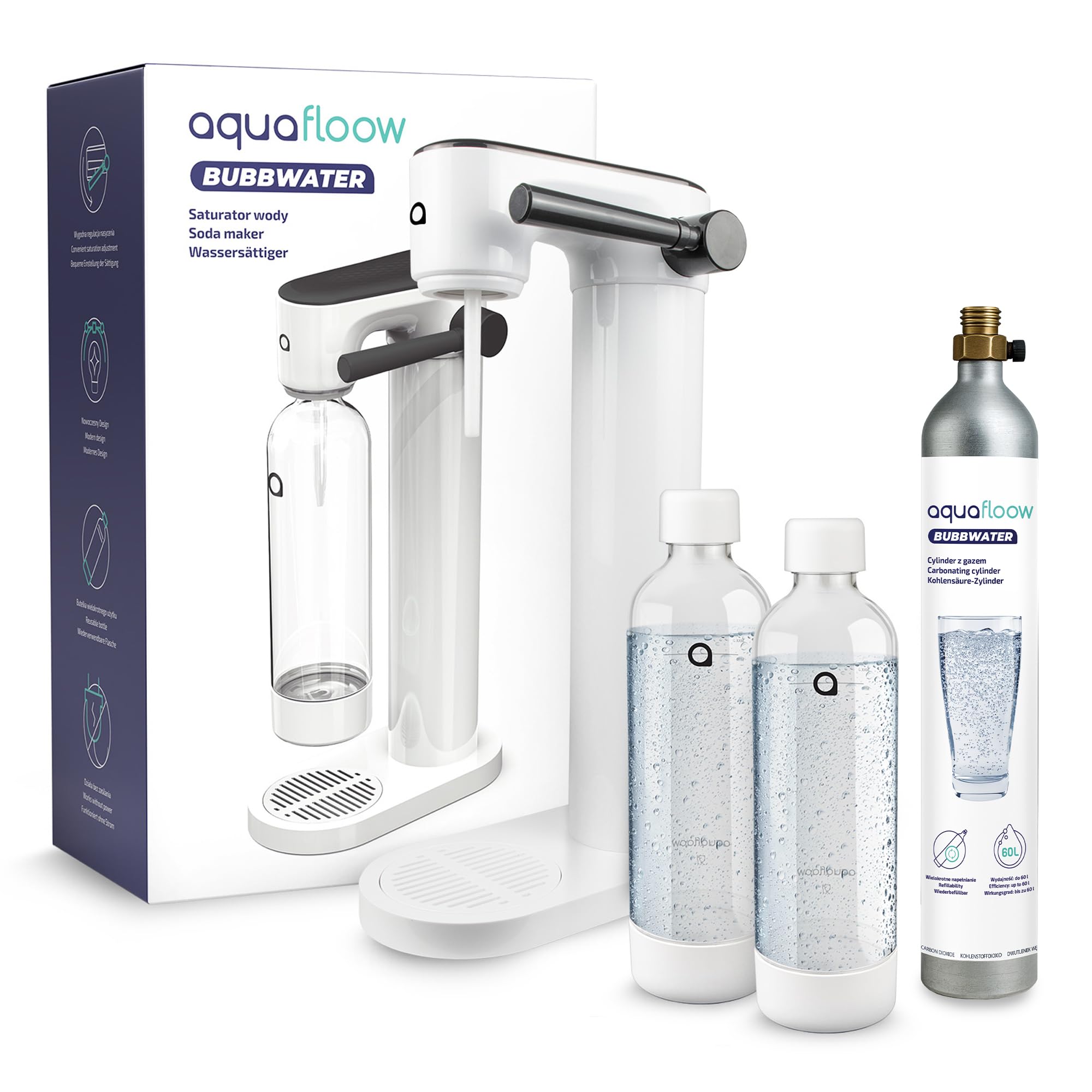 Aquafloow Gasatore per Acqua con Cilindro CO2 e 2 Bottiglie da 800 ml senza BPA – Macchina per Acqua Frizzante senza Elettricità – Design Elegante per Casa o Ufficio